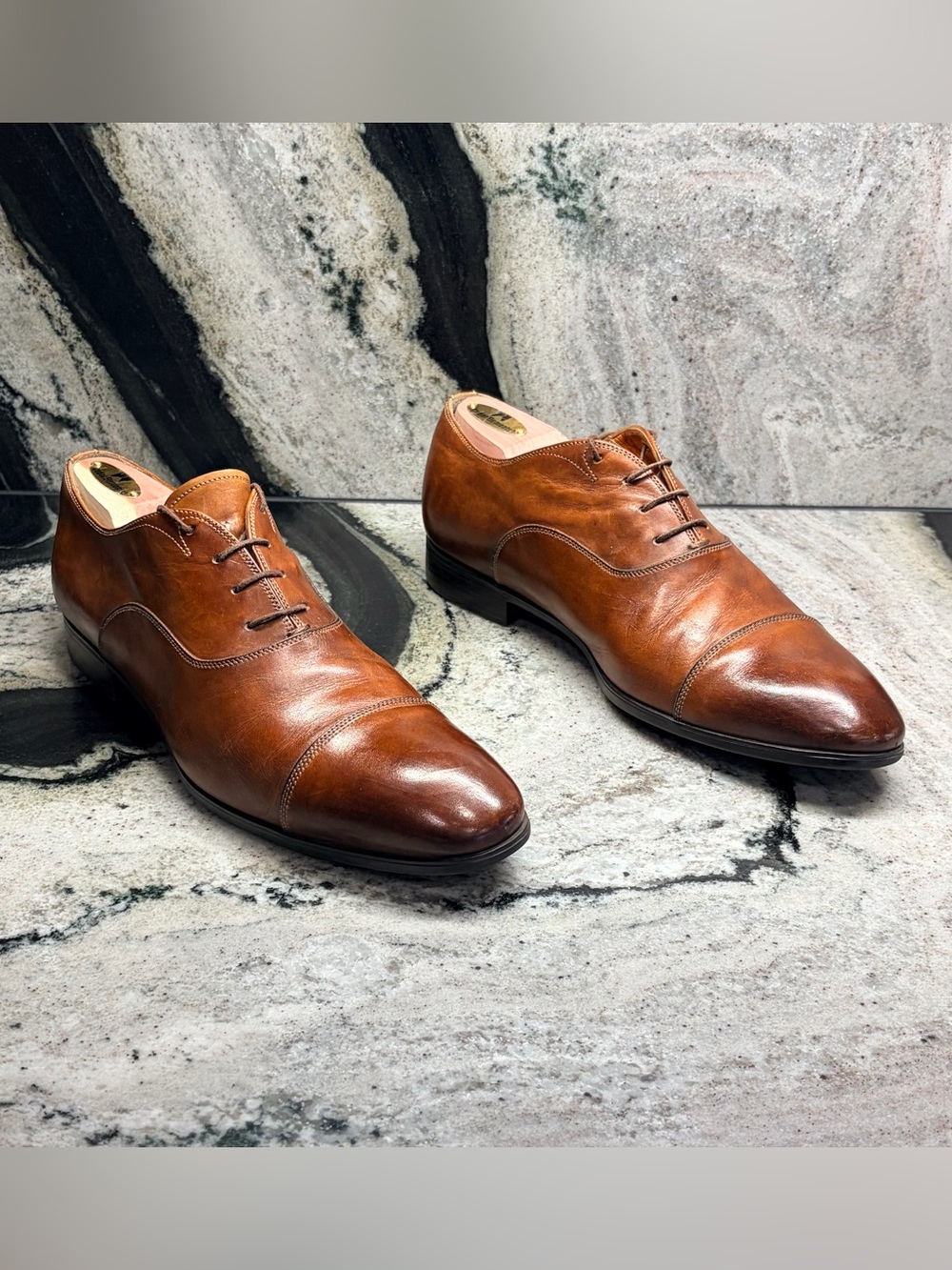 Santoni Men’s 10.5 Cognac Leather Cap Toe Oxford Shoes Italy